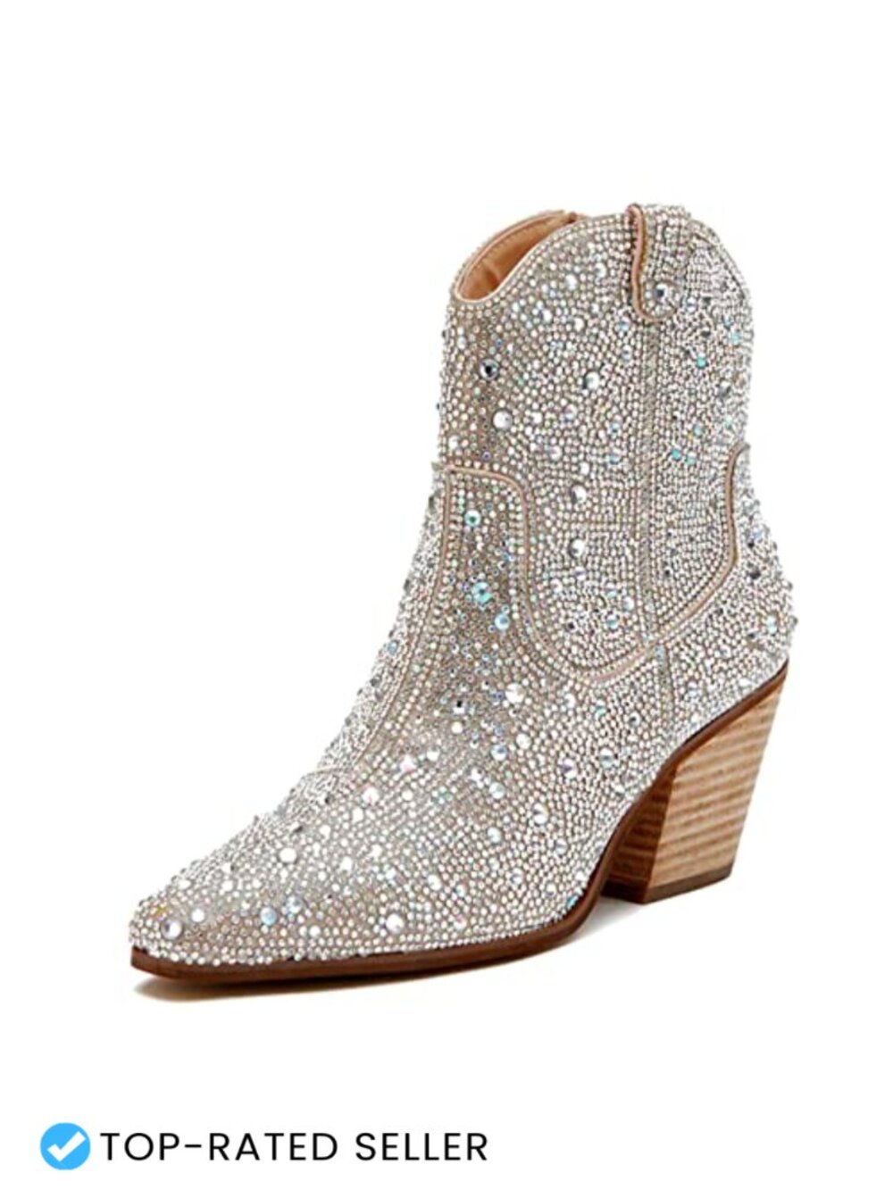 Rhinestone Cowgirl Booties Pointed Toe Chunky Heel Slip On Ankle Boots